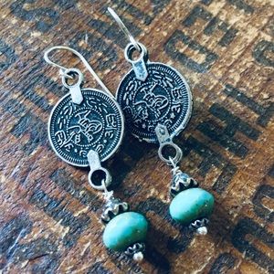 Antique silver coin earrings turquoise beads